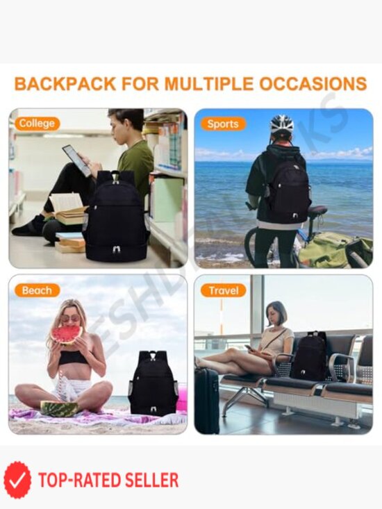 Water Resistant Gym Backpack with Shoe Compartment and Wet Pocket for Travel